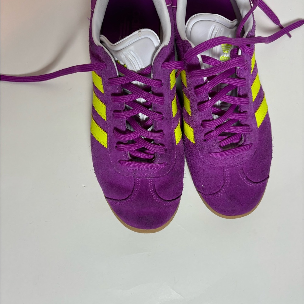 adidas Gazelle Purple Suede Sneakers with Neon Yellow Stripes